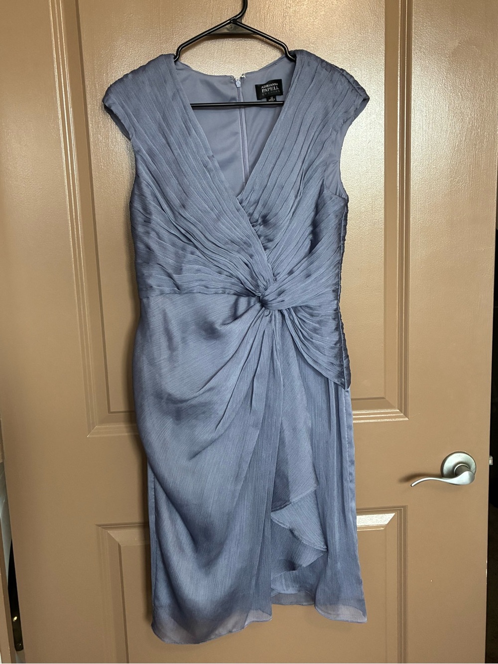 Adrianna Papell Slate Blue/Grey Pleated V-Neck Cocktail Dress
